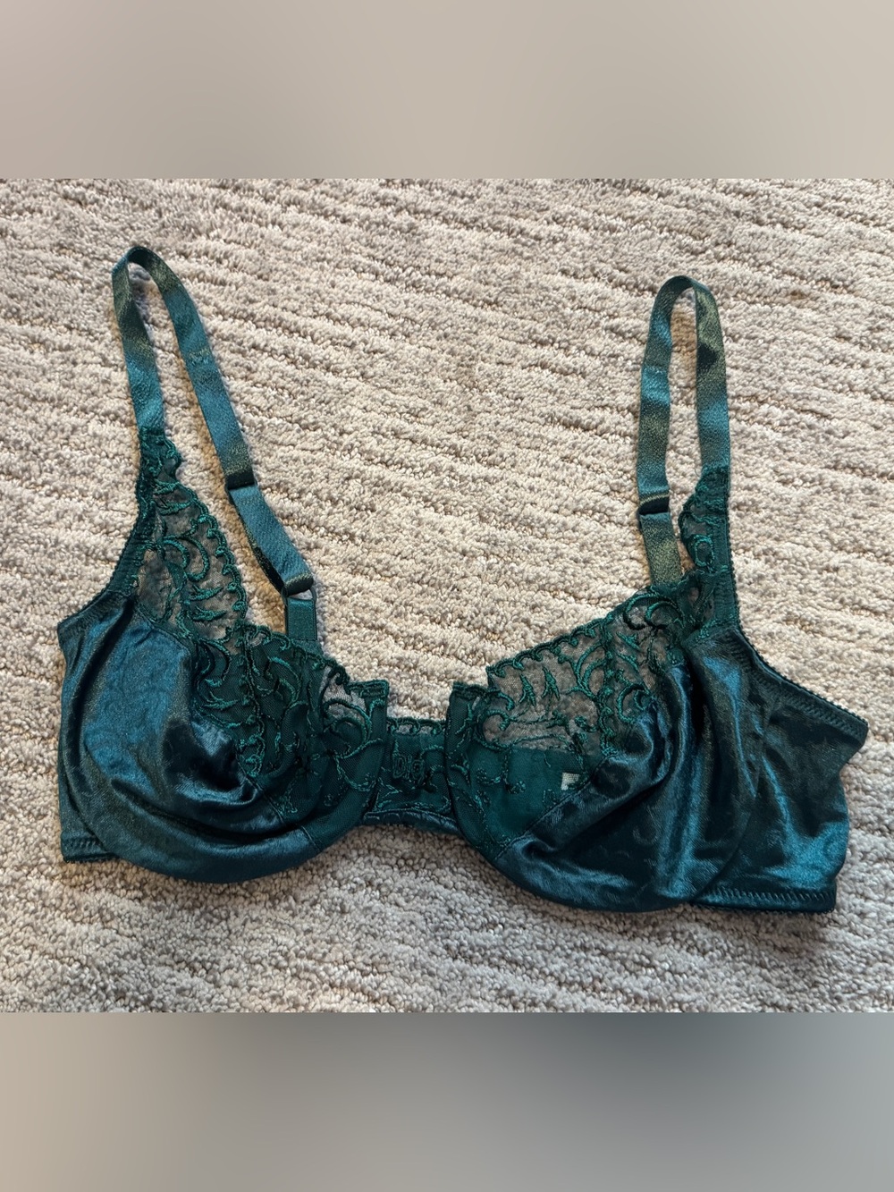 Dior Emerald Green Satin and Lace Embroidered Mesh Underwire Bra 34C